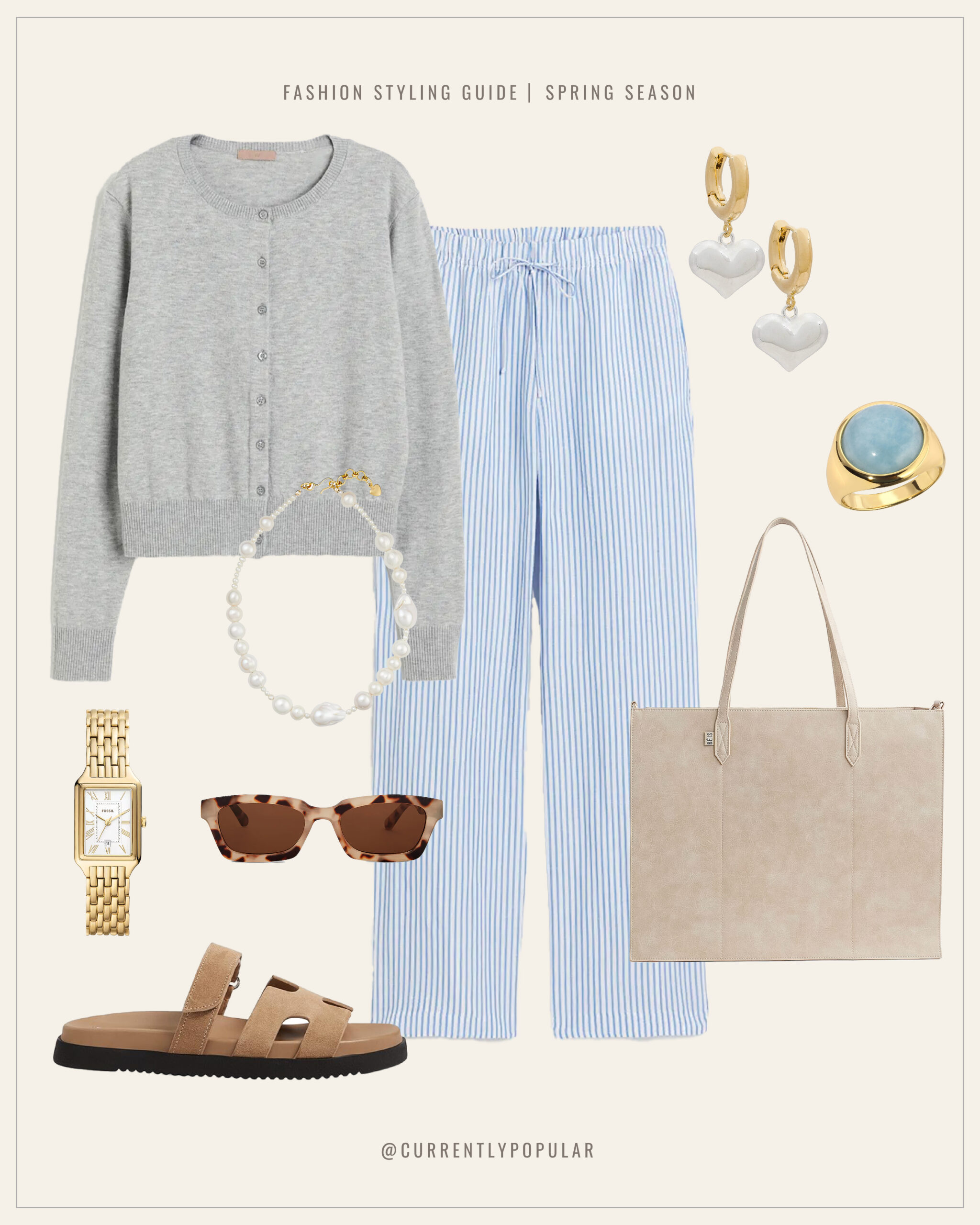 Fashion styling guide for the winter season, featuring a cozy gray cardigan paired with light blue and white striped pajama pants. Accessories include a pair of hoop earrings with heart-shaped pendants, a gold watch, a ring with a large blue stone, and brown tortoiseshell sunglasses. The look is completed with tan flat sandals and a light beige tote bag. The text '@currentlypopular' indicates the source of the fashion guide.