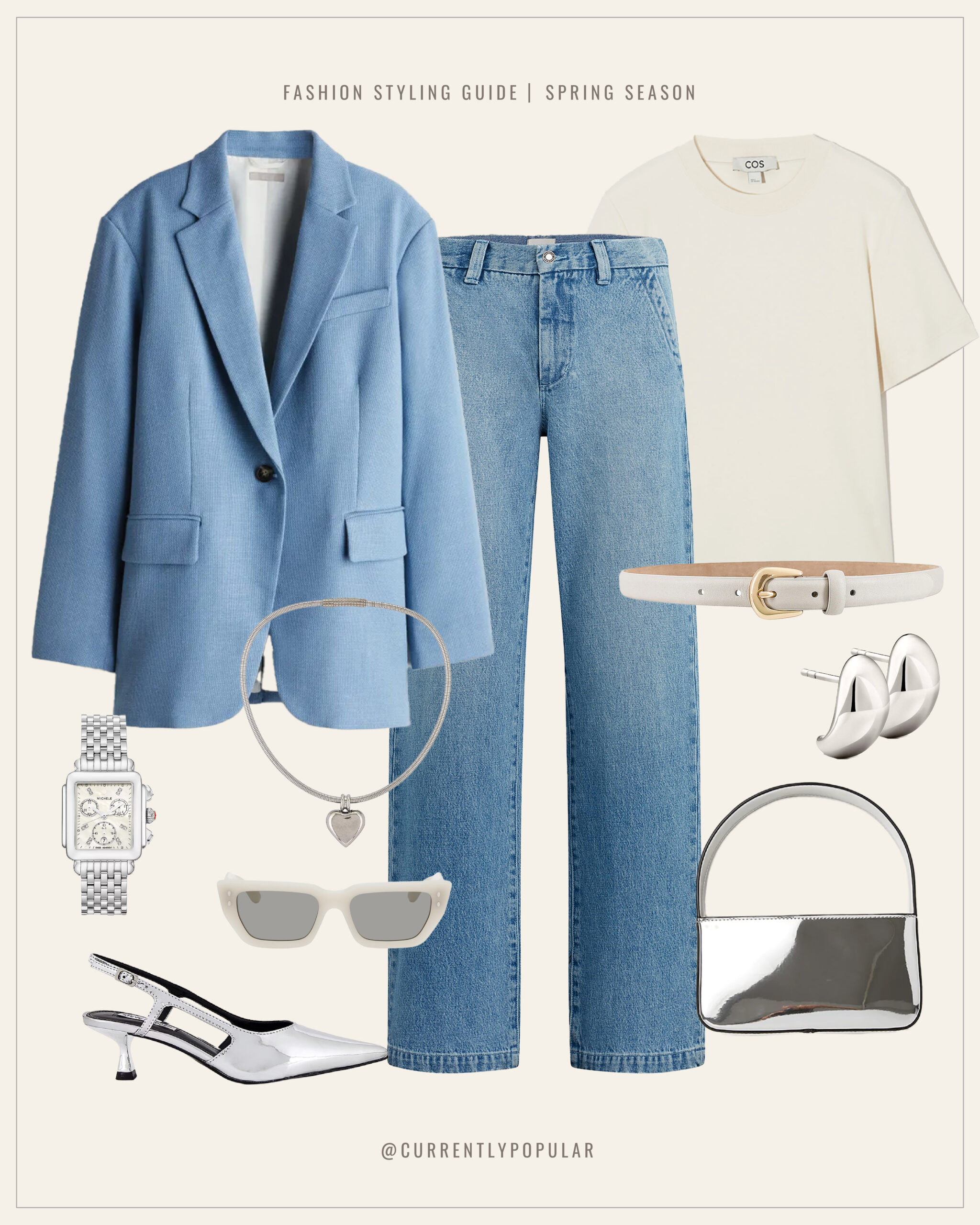 Fashion styling guide for the spring season, featuring a light blue blazer over a classic white T-shirt paired with mid-wash blue jeans. The ensemble is accessorized with a chic silver watch, a silver choker necklace with a heart pendant, white sunglasses with gray lenses, and white slingback heels with black details. A white belt and a silver mirrored half-moon handbag complete the look. The text '@currentlypopular' indicates the source of the fashion guide.
