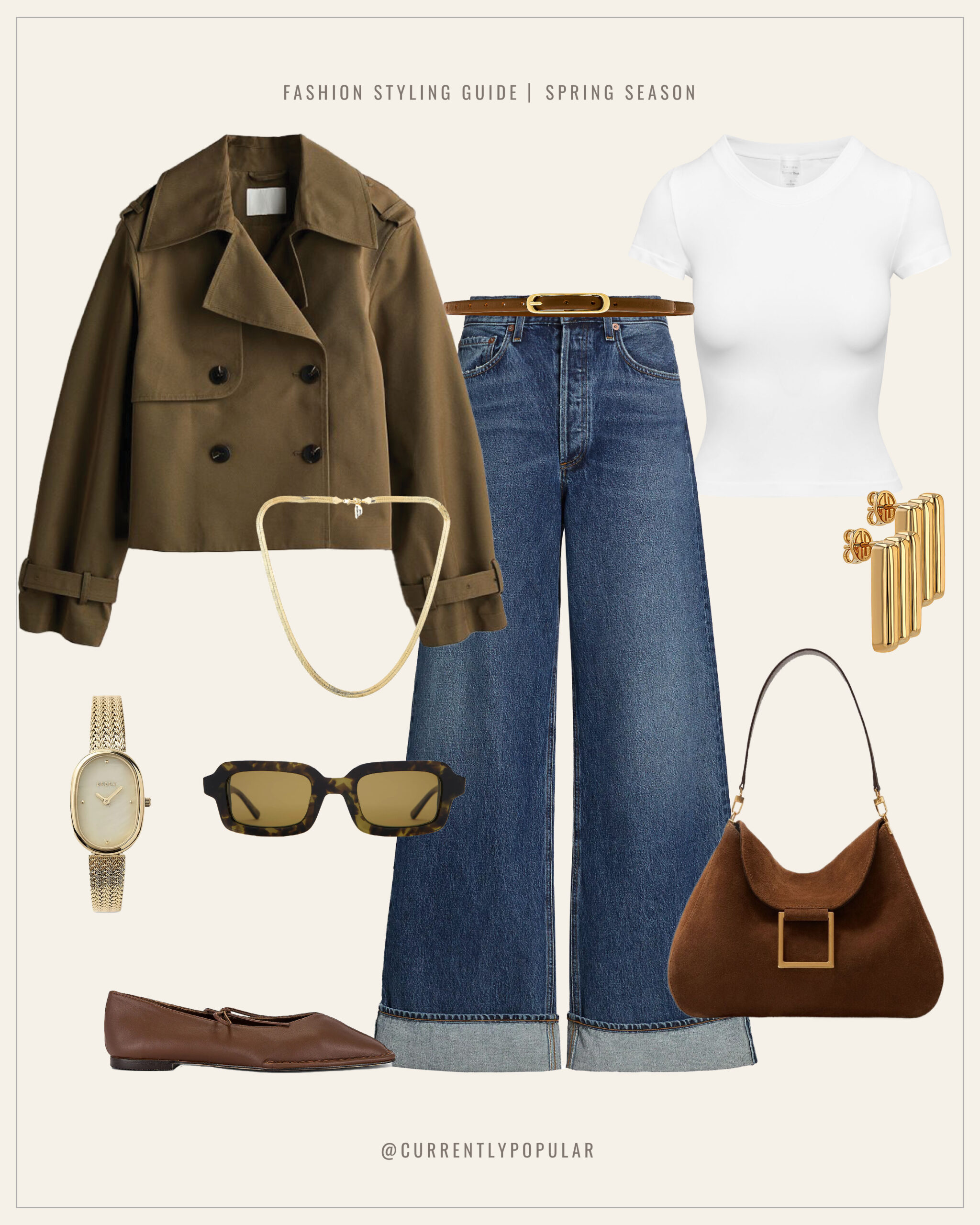 Fashion styling guide for the spring season displaying a chic outfit combination. The look includes a dark olive cropped trench coat, paired with a snug white T-shirt and high-waisted blue jeans, cinched with a thin brown belt featuring a gold buckle. Accessories include a sleek gold mesh-band watch, tortoiseshell sunglasses, a set of gold cuff bracelets, and pointed brown leather flats. The outfit is complemented with a brown suede handbag with a large square buckle on the strap. The text '@currentlypopular' indicates the source of the fashion guide.