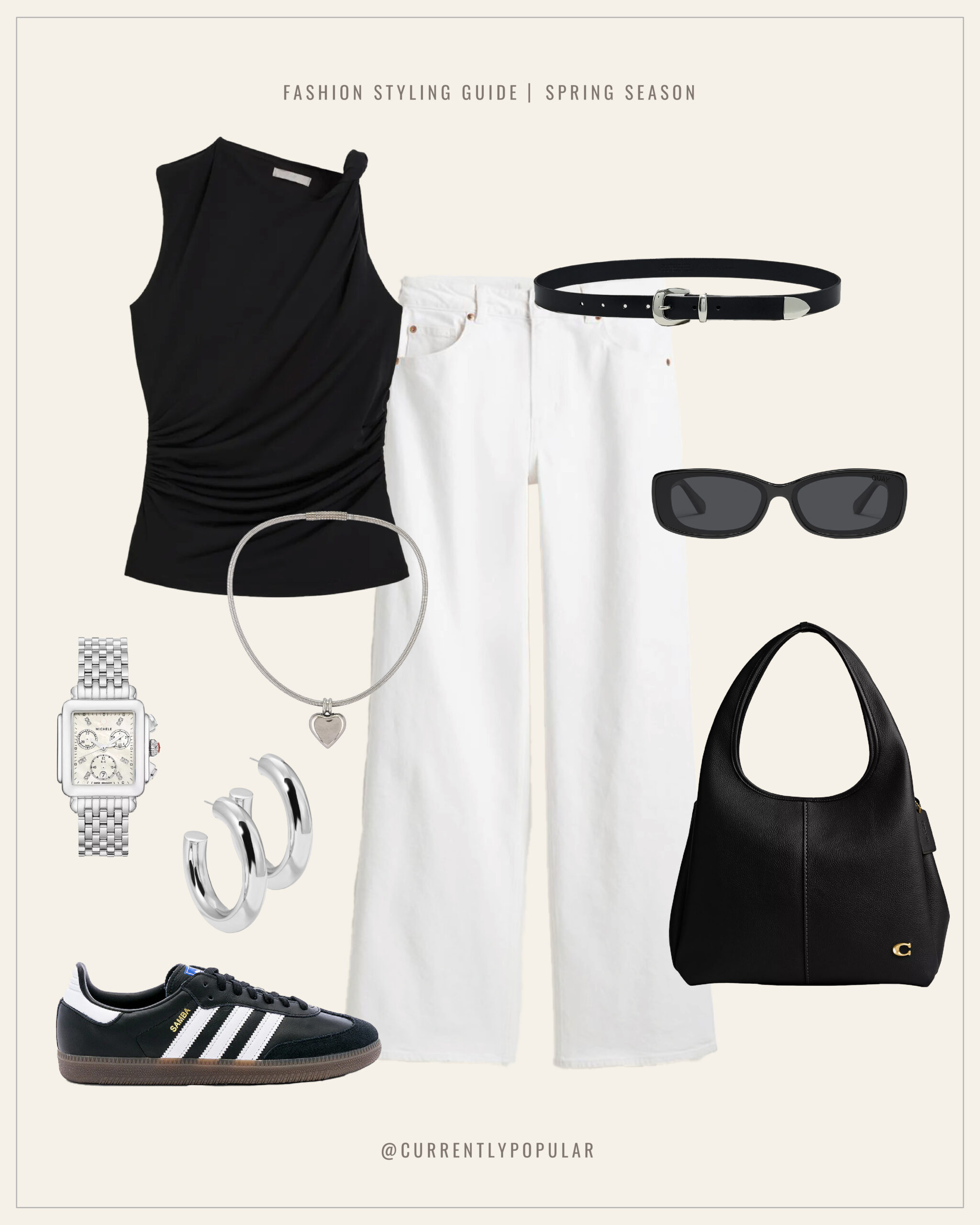 Fashion styling guide for the spring season featuring a modern monochrome ensemble. The outfit includes a black twisted tank top with a draped design, paired with crisp white wide-leg pants and a black belt with a silver buckle. Accessories comprise a silver watch with a square face, silver hoop earrings, black sunglasses, and classic black sneakers with white stripes. The look is completed with an elegant black leather handbag. The text '@currentlypopular' indicates the source of the fashion guide.
