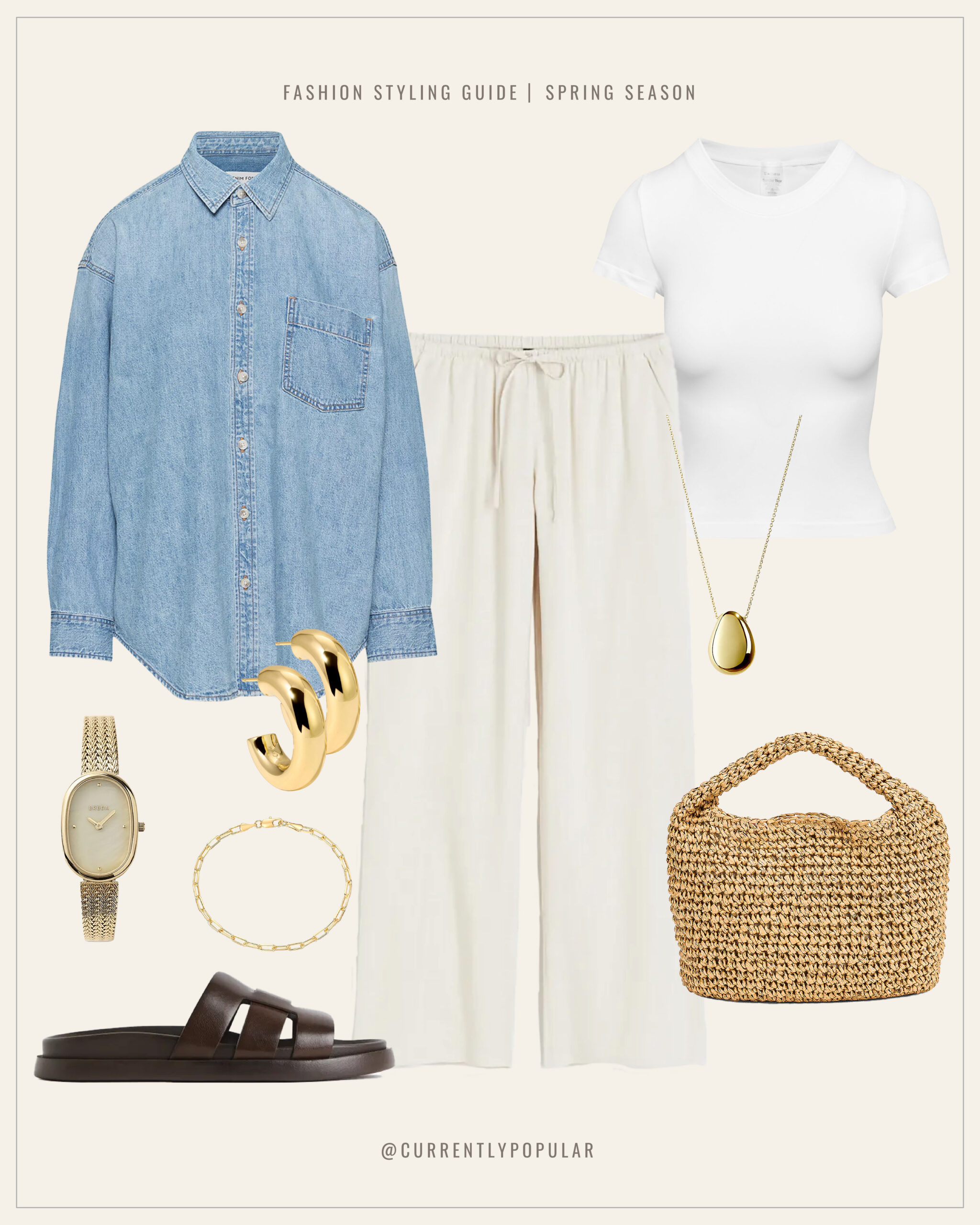 Spring season fashion styling guide showing a casual yet chic outfit. The ensemble includes a light wash denim shirt, paired with cream wide-leg trousers and a simple white crew neck T-shirt. The look is accessorized with a gold mesh band watch, chunky gold hoop earrings, a delicate gold chain bracelet, and a long necklace with an oval pendant. Flat brown leather slide sandals and a natural woven straw handbag add a laid-back, earthy touch. Outfit styling credited to '@currentlypopular'.