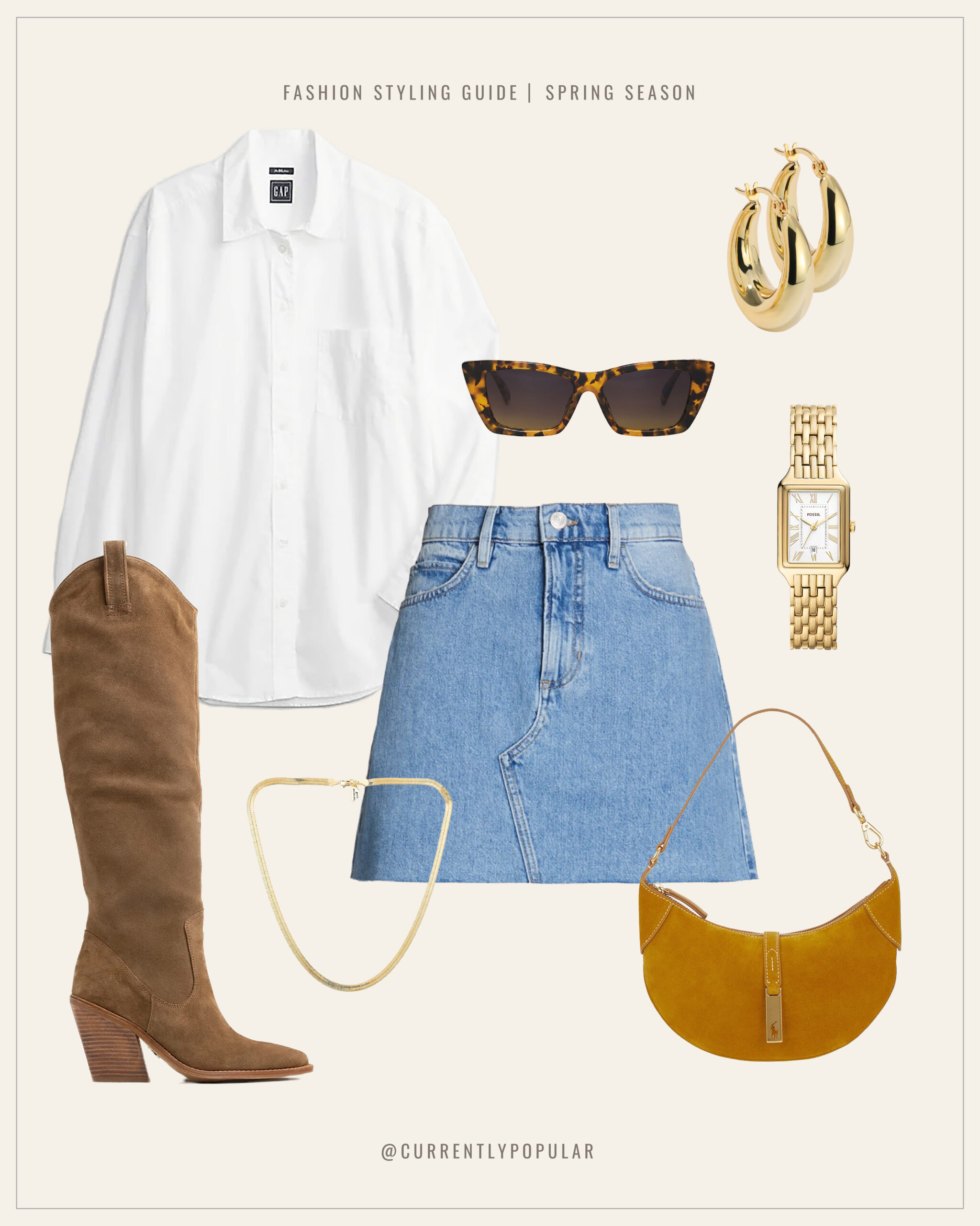 This is an image of an office approved cowgirl outfit. It features a white button down, denim mini skirt, knee high suede boots, gold hoops, gold watch, gold necklace, tortoiseshell shell sunglasses and a suede shoulder purse.