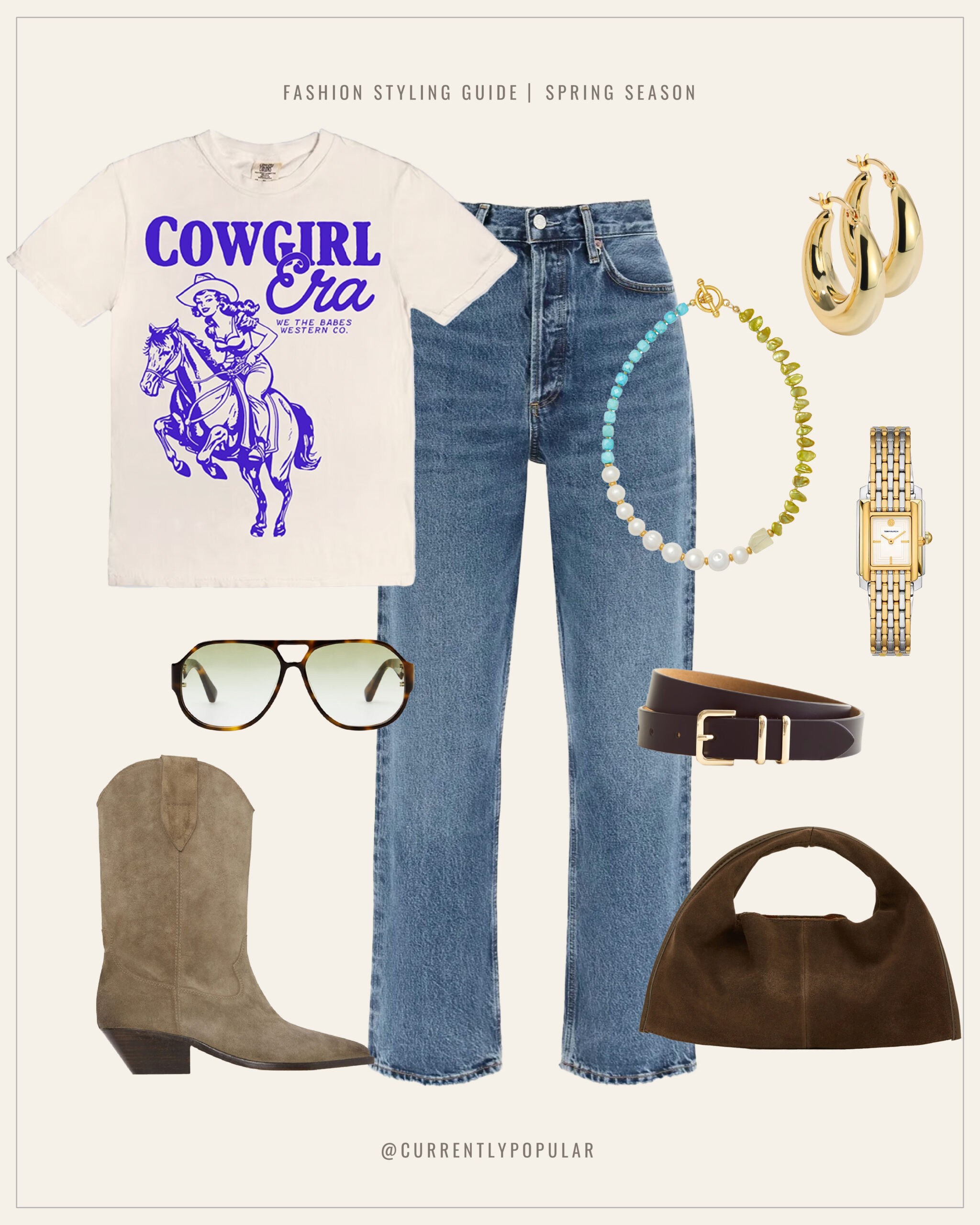 This is an image of a kitschy cowgirl outfit. It features a graphic tee that read 'Cowgirl Era', denim jeans, colorful necklace, gold hoops, gold watch, suede boots, leather belt, suede purse & a pair of oversized sunglasses