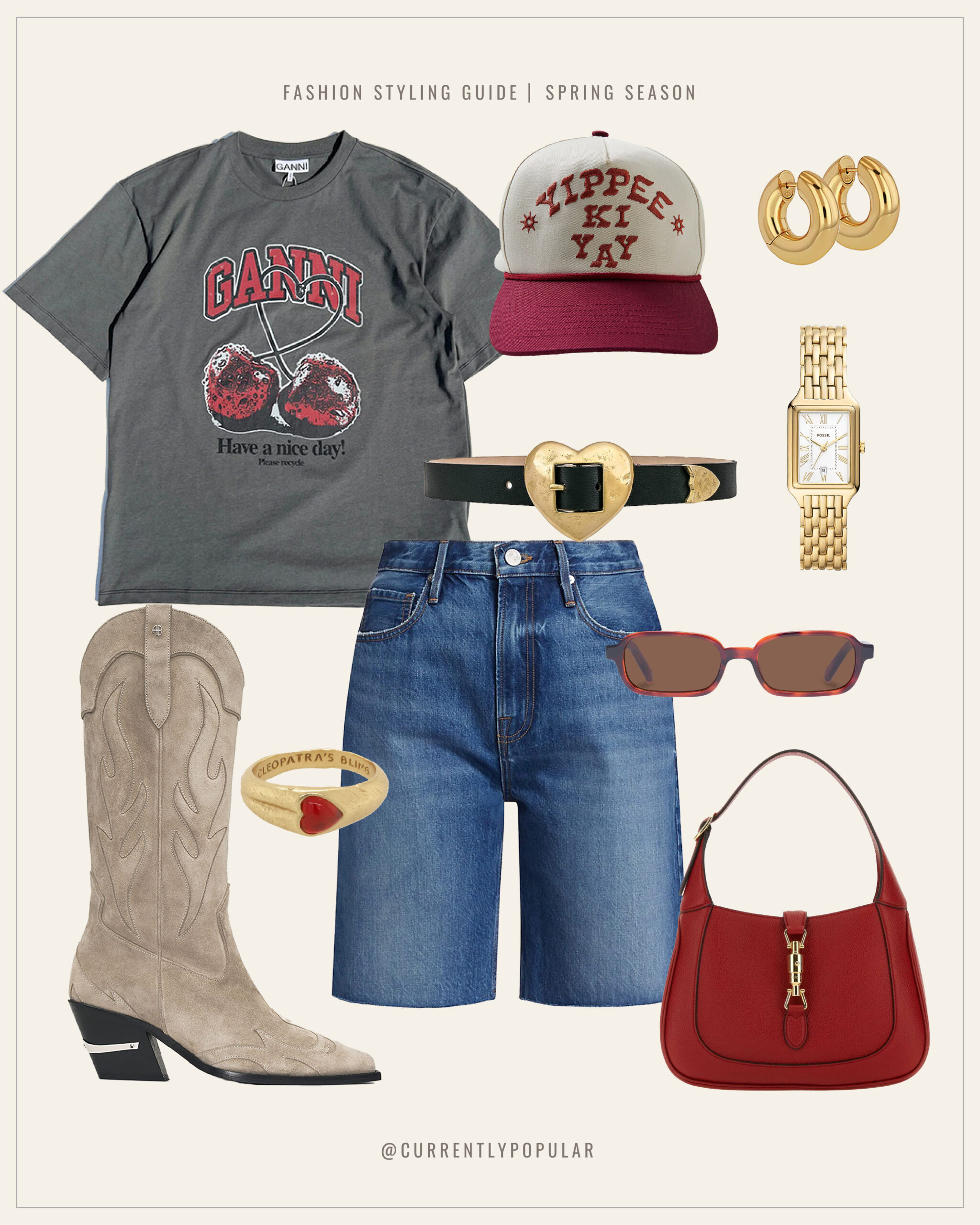 This is an image of a eclectic cowgirl inspired outfit. It features a graphic tee, cutoff denim shorts, suede cowboy boots, trucker hat, god jewelry, large buckled heart belt and a red Gucci purse