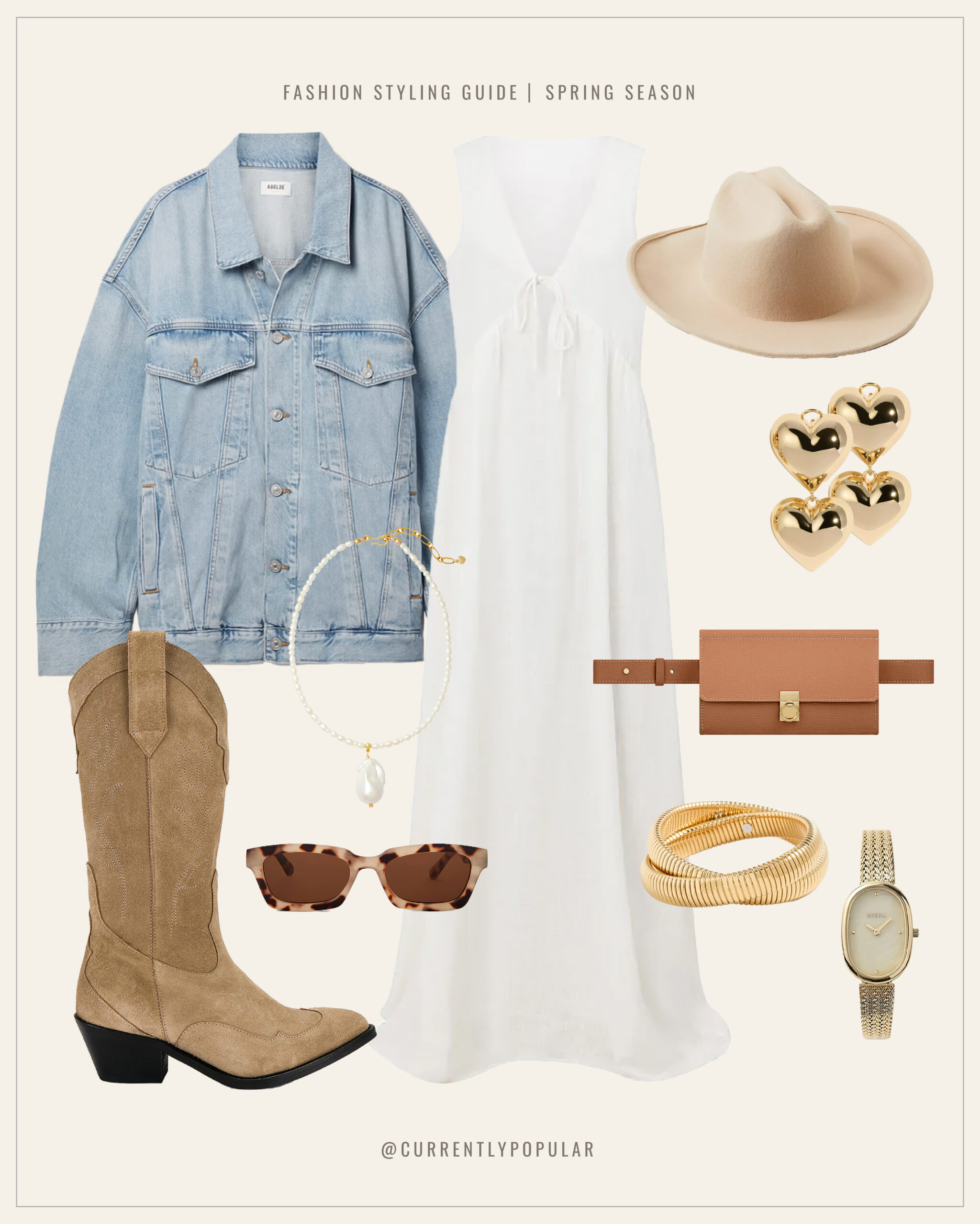 This is an image of a coastal cowgirl inspired outfit. It features a white long dress, denim oversized jacket, felt cowboy hat, suede cowboy boots, leather crossbody bag, gold jewelry & sunglasses.