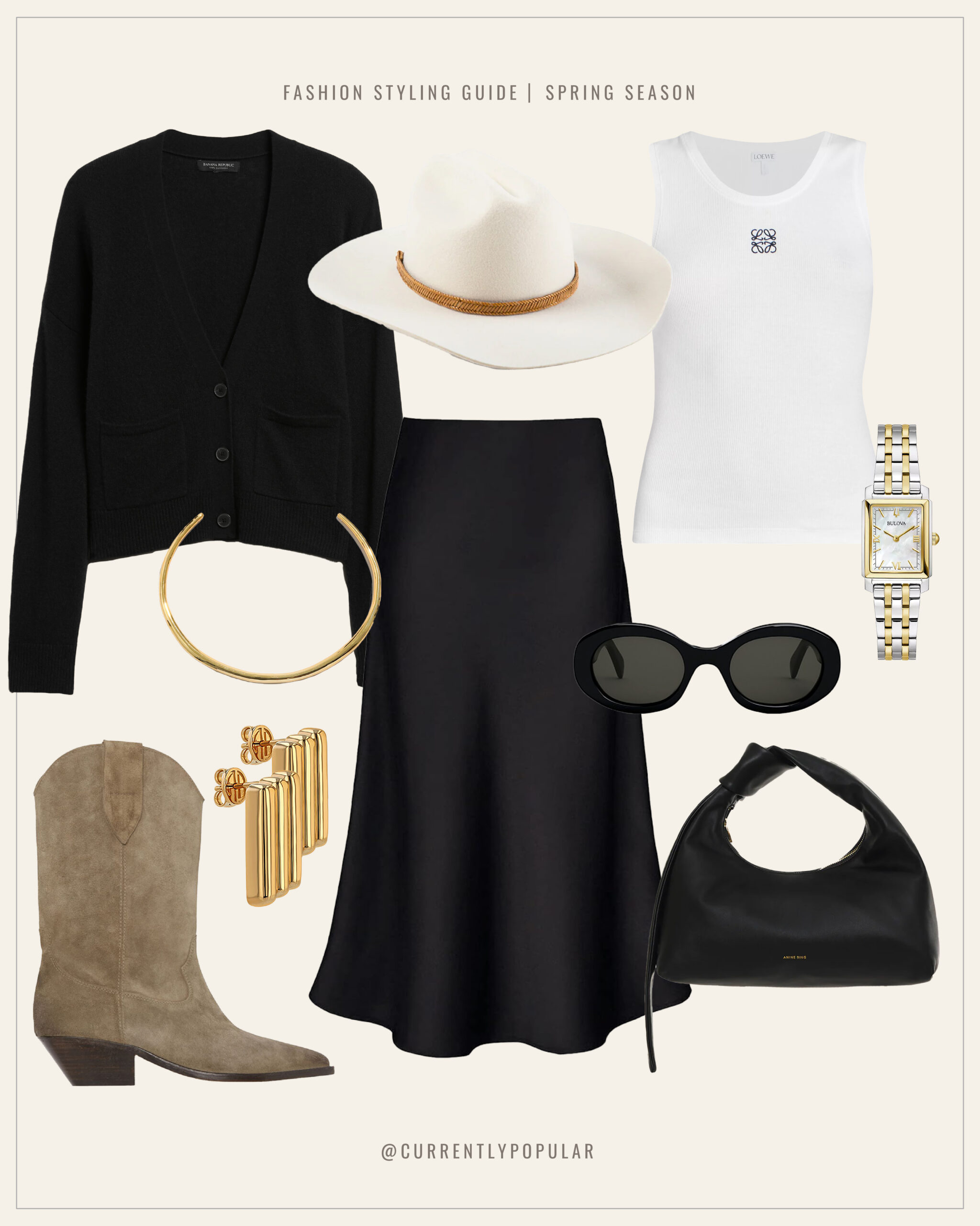 This is an image of a city cowgirl inspired outfit. It features a midi satin black skirt, black cardigan, white tan, white felt cowboy hat, gold jewelry, black purse, black sunglasses and beige suede cowboy boots