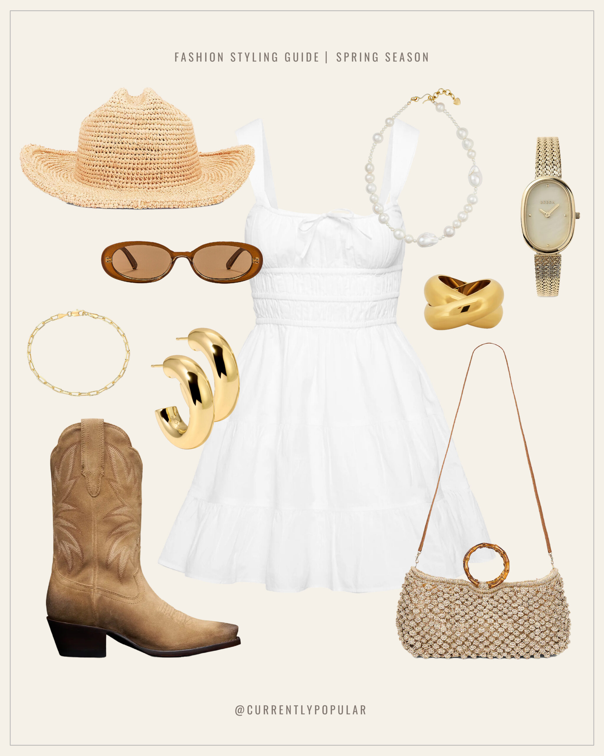This is an image of a cowgirl next door inspired outfit. It features a white mini dress, gold jewelry, straw cowgirl hat, straw purse and suede brown cowgirl boots