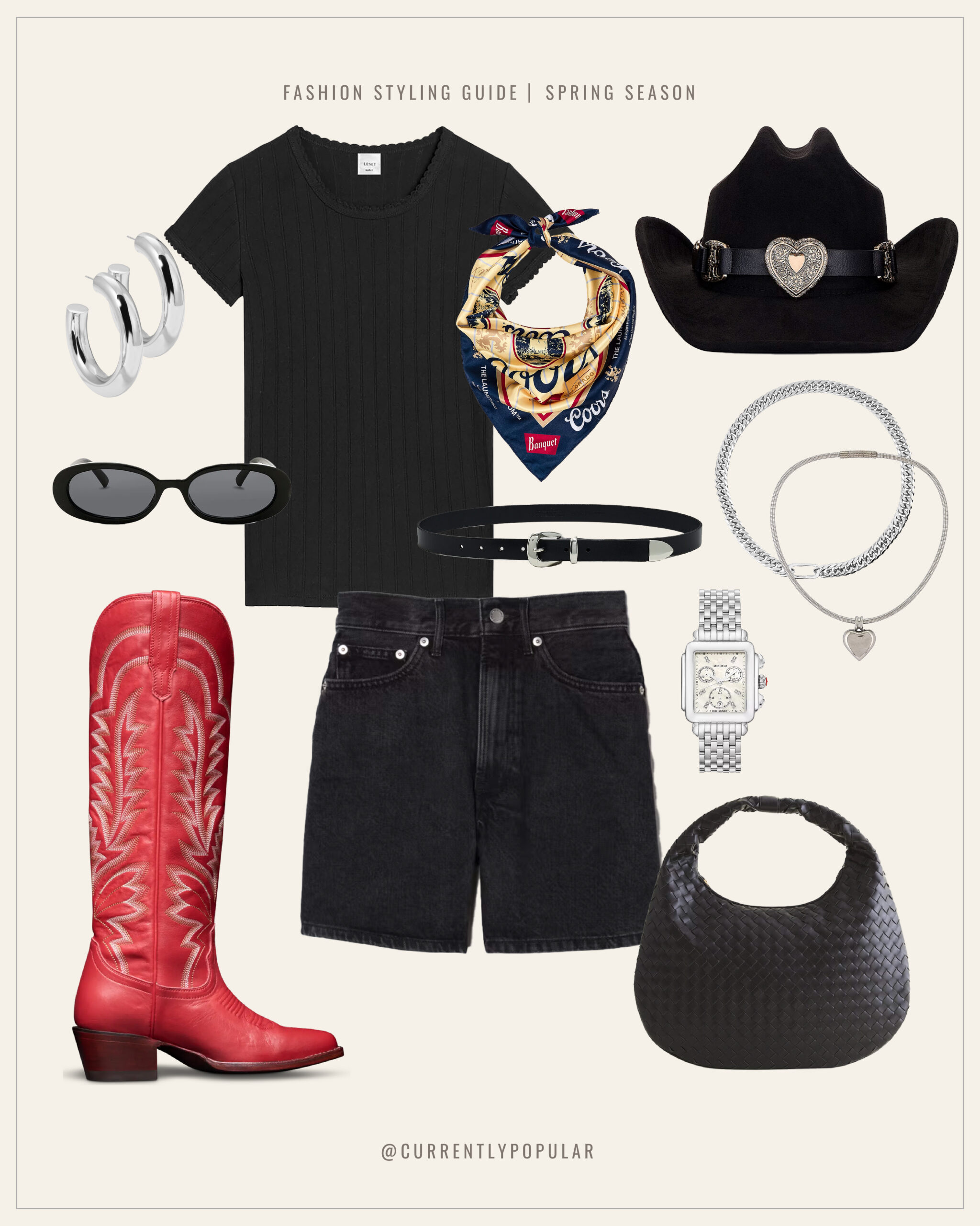 This is an image of a rodeo cowgirl inspired outfit. It features black cutoff jeans, black tee, red cowgirl boots, coors printed bandana, silver jewelry, black suede cowboy hat and black leather purse.