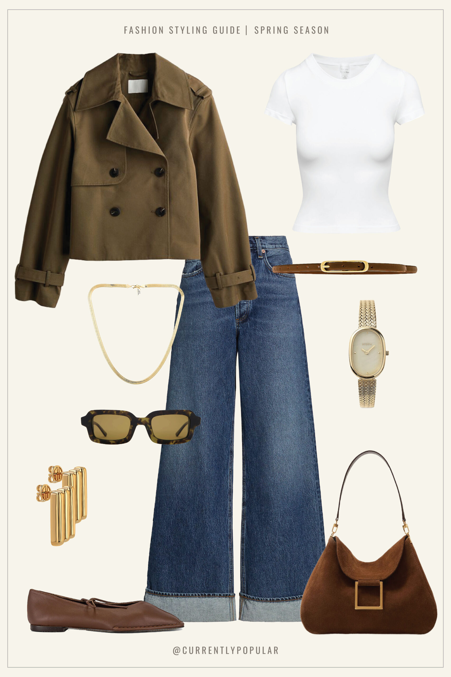 A styled look featuring a cropped trench coat, white tee, blue jeans, brown belt, and loafers, accessorized with a gold necklace, watch, sunglasses, stacked rings, and a suede handbag