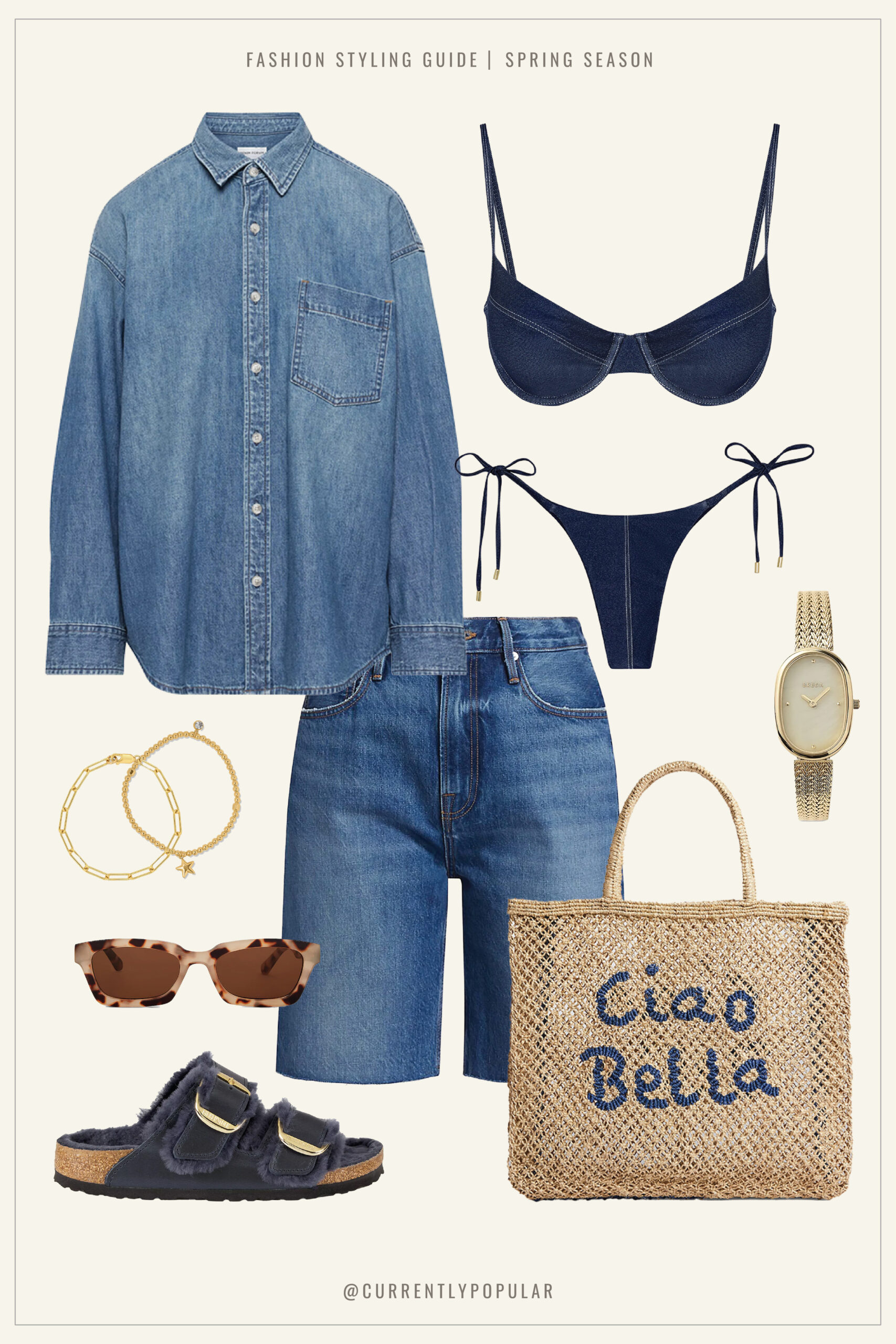 Fashion styling guide for Spring showing a casual denim ensemble with a classic button-up denim shirt and dark denim bikini top & bottom. Complemented by denim shorts, the look is accessorized with a gold mesh watch, gold bracelets with a star charm, tortoiseshell sunglasses, and navy Birkenstock sandals. A jute tote bag with the phrase "Ciao Bella" in blue adds a playful Italian flair to the outfit. Ideal for a relaxed yet stylish beach day or casual outing.