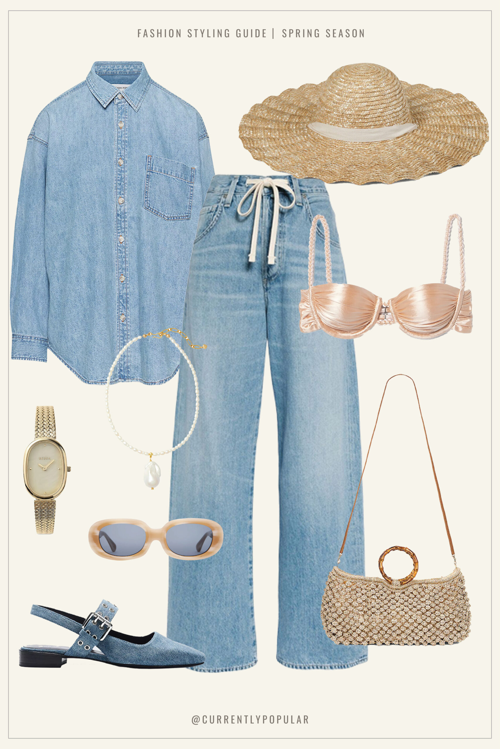 An outfit featuring a casual spring look with light-wash denim shirt and pants, complemented by a rose-tinted bikini top, a straw sun hat, and accessories including a watch, pearl necklace, and cat-eye sunglasses. The ensemble is completed with denim flats and a crochet bag with a unique handle. Ideal for a relaxed yet chic seaside vibe.