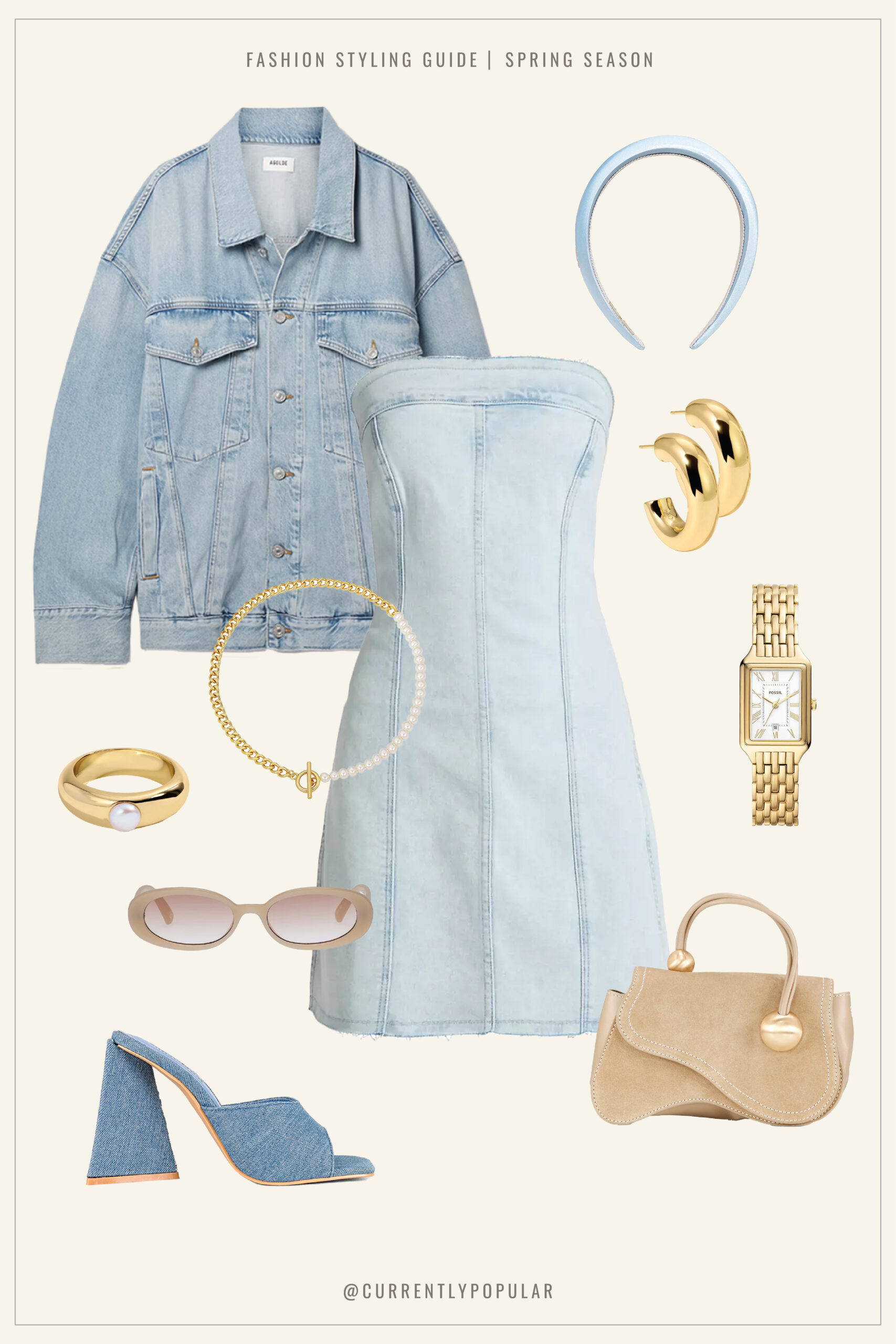 A spring fashion mood board featuring a light blue denim strapless dress and a matching oversized jacket. Accessories include a gold pearl ring and gold necklace, a blue headband, and a pair of gold hoop earrings. The outfit is completed with oval beige sunglasses, denim mules with a high heel, and a small beige handbag with round handles. This ensemble combines classic denim with elegant gold accents for a fresh, stylish springtime look.