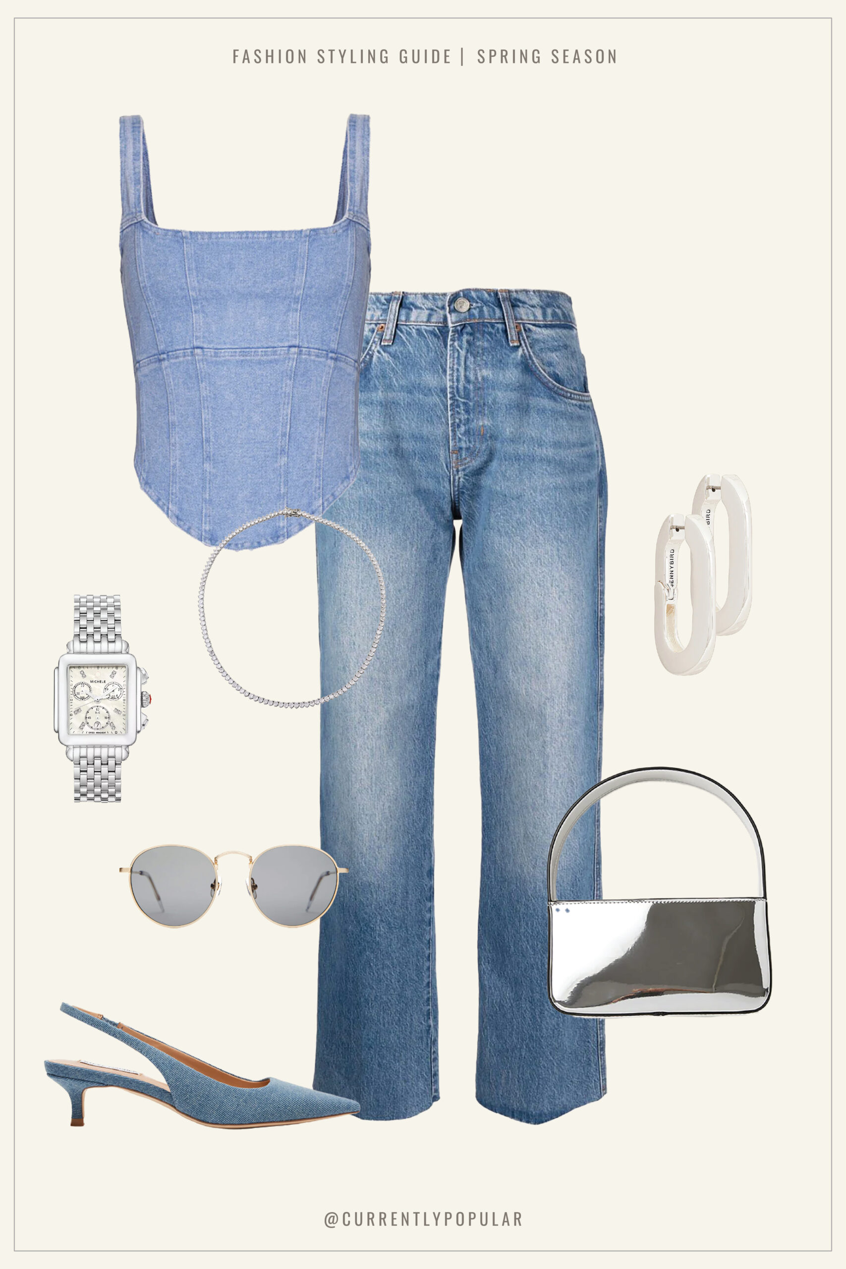 An image showcasing a spring fashion ensemble with a denim corset top and wide-leg jeans, accessorized with a silver wristwatch, silver hoop earrings, round metal-frame sunglasses, and denim kitten heels. A metallic silver handbag completes the look, offering a modern twist on the classic double-denim outfit. Perfect for a chic daytime event.