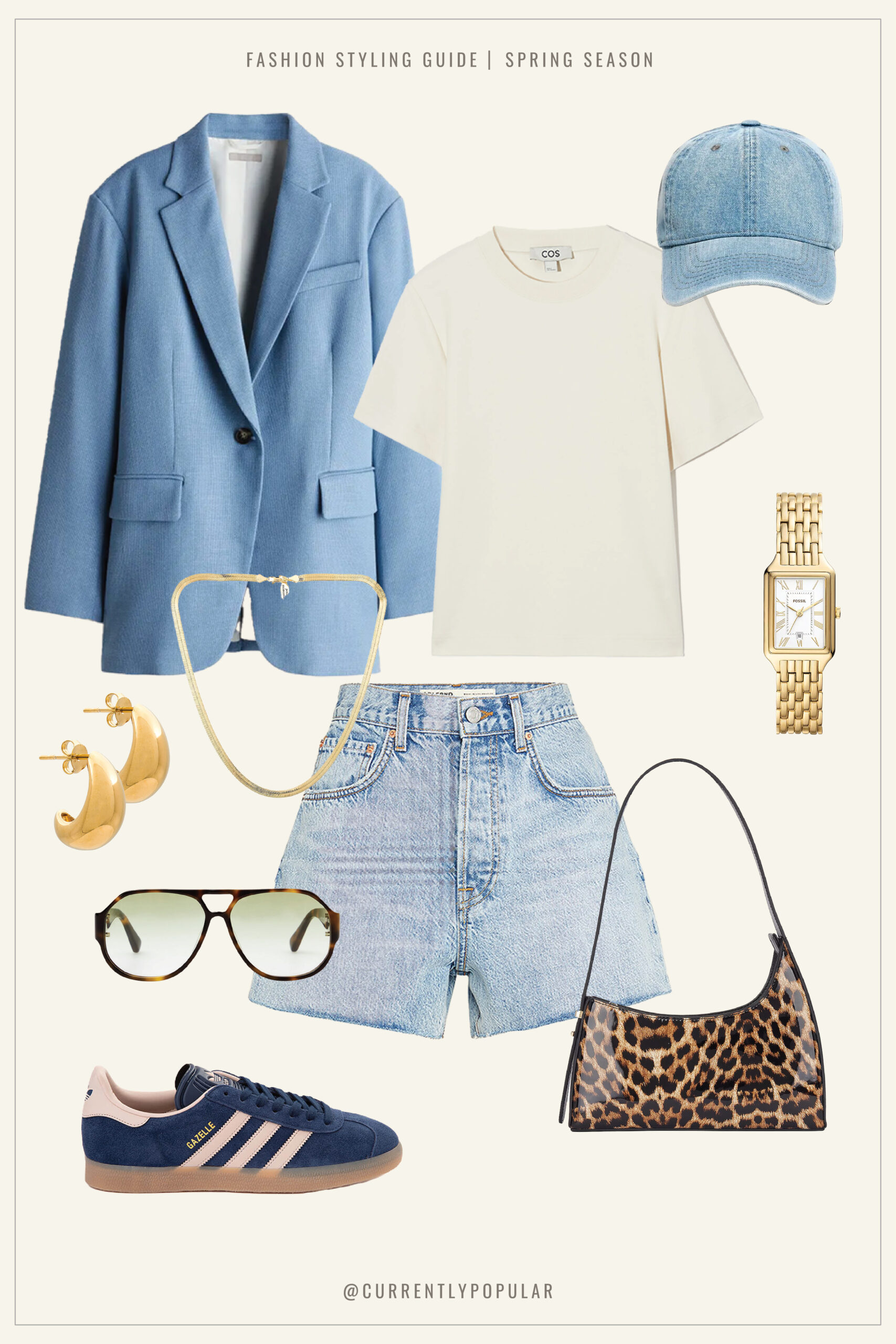A curated spring fashion collage presenting a sophisticated yet casual style. The ensemble features a powder blue blazer paired with classic light-wash denim shorts and a relaxed ivory T-shirt. Complementing the outfit are brown rectangular sunglasses and gold chunky hoop earrings. A chic gold wristwatch adds a touch of elegance, while a blue denim baseball cap and matching suede sneakers with white stripes keep the look grounded and sporty. The look is finished with a bold leopard print handbag, infusing an edgy contrast to the soft blue tones.