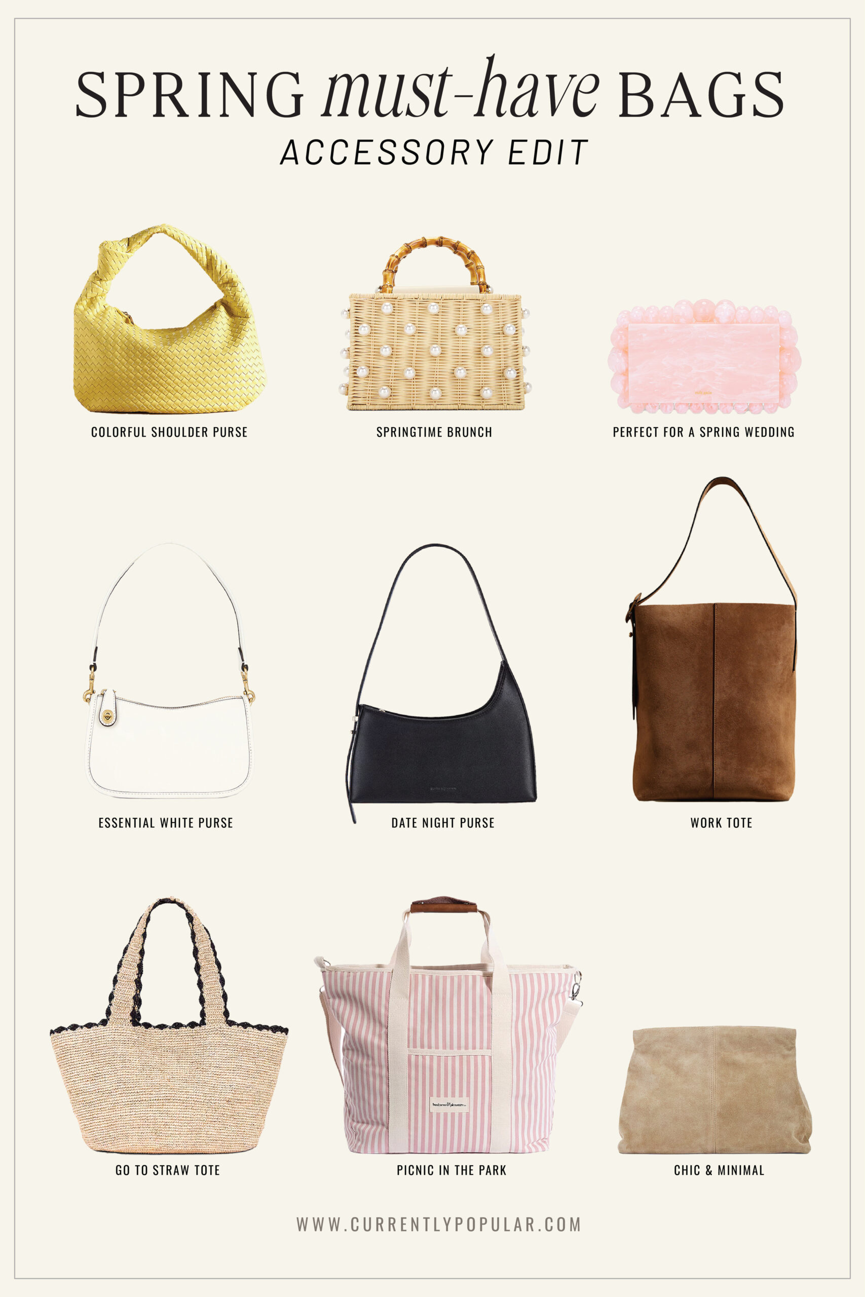 Spring must-have bags: a colorful shoulder purse, a pearl-studded bag for brunch, a pink clutch for weddings, a white and black purse for essential and date night, a straw tote, and a minimalist chic pouch.
