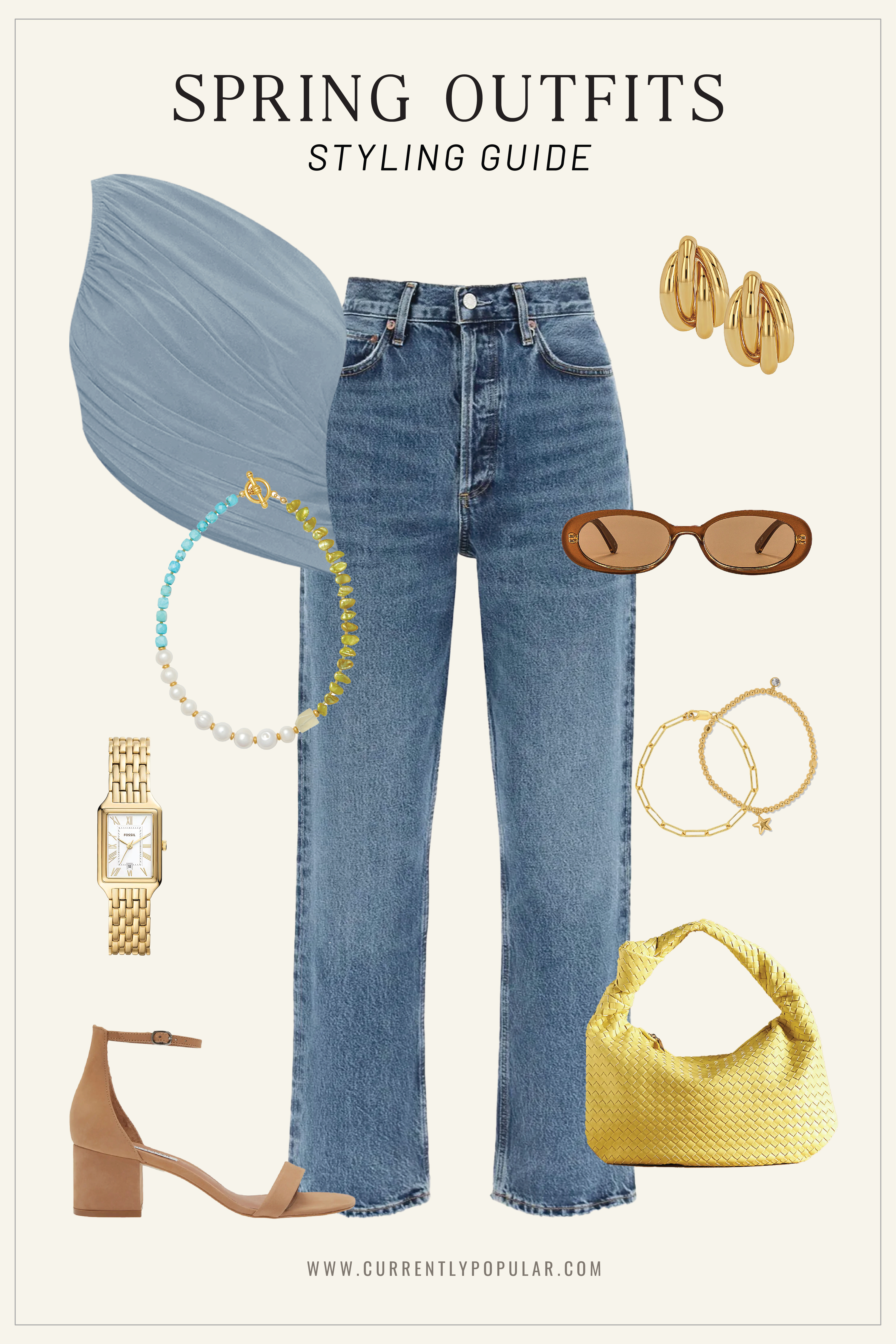 Casual Spring Outfit: Flared Jeans, Block Heels, Blue Top, Gold Accessories.