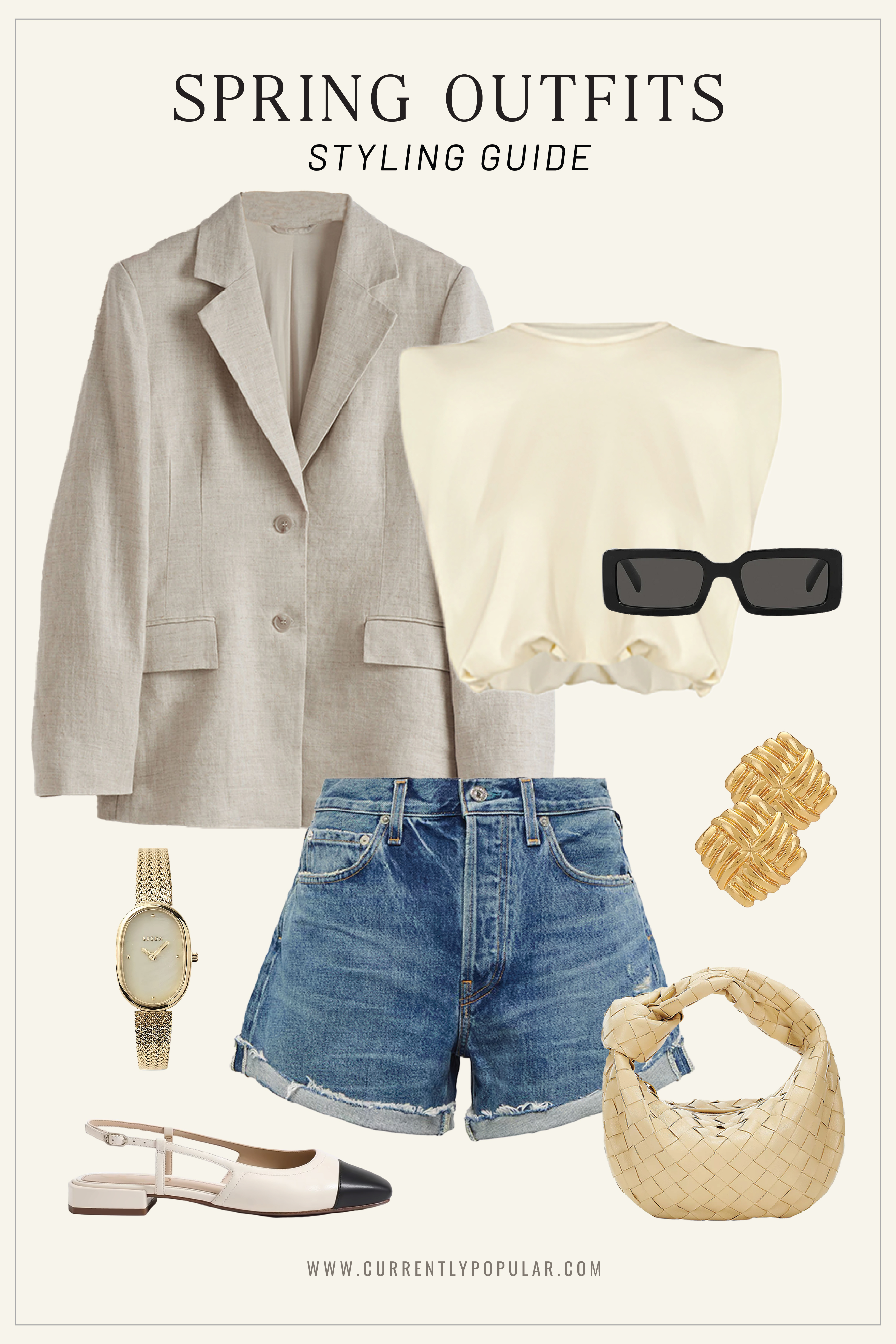 Casual Spring Outfit: Linen Blazer, White Top, Denim Shorts, White and Black Slingbacks, Woven Bag.