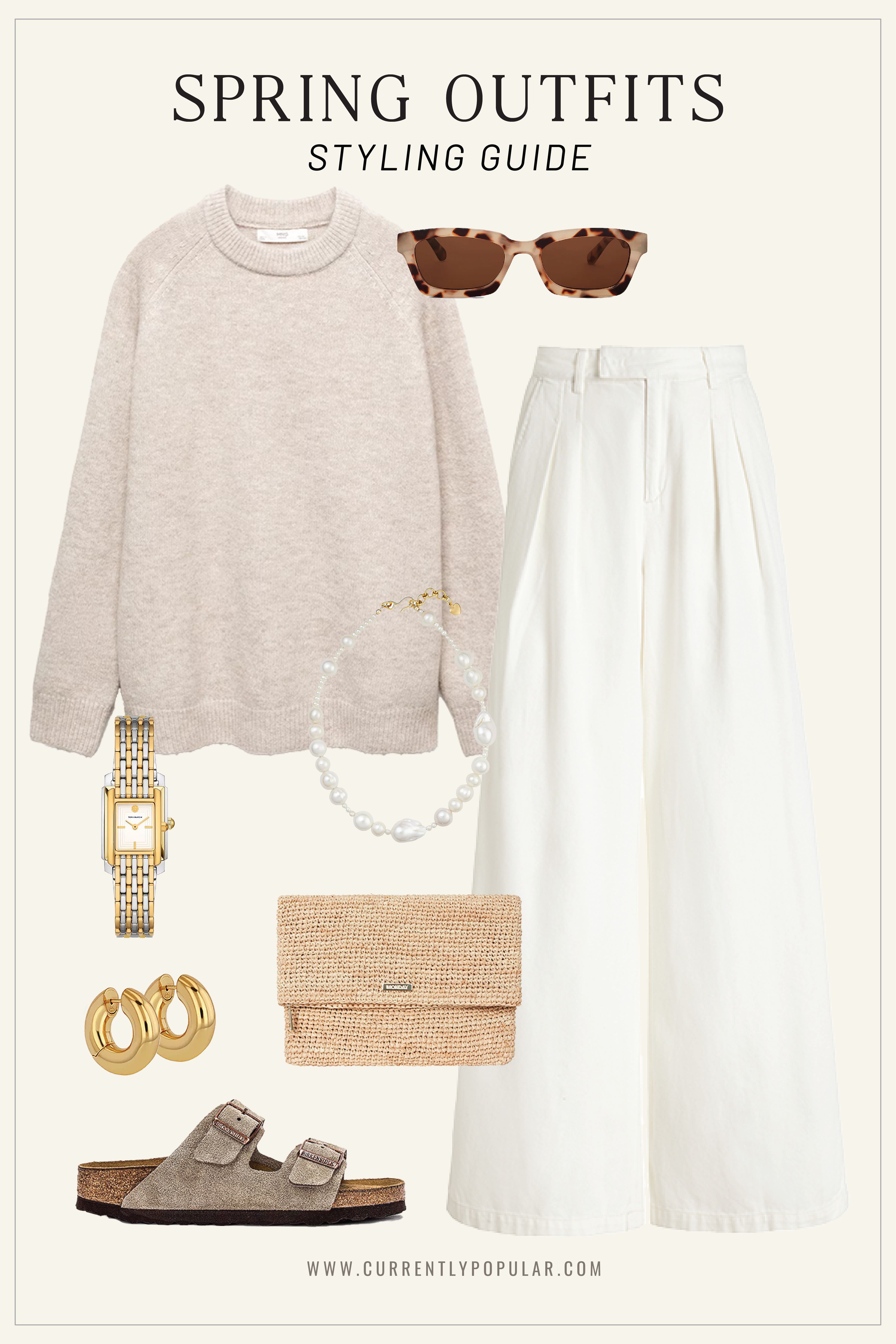 Casual Spring Outfit: Beige Sweater, White Palazzo Pants, Straw Clutch, Tortoiseshell Sunglasses.