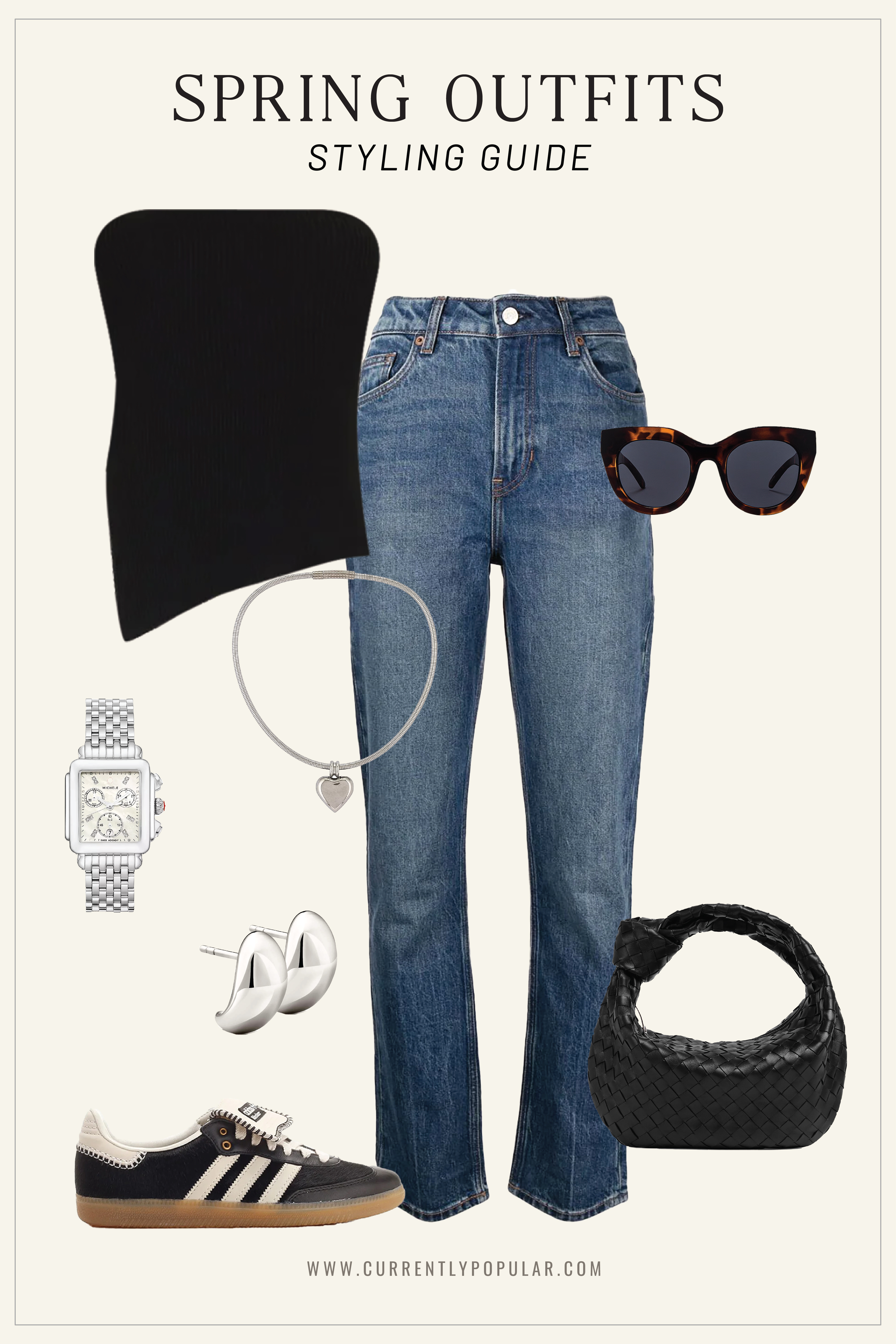 Casual Spring Outfit: Black Strapless Top, Blue Jeans, Adidas Samba Sneakers, Silver Metal Watch.