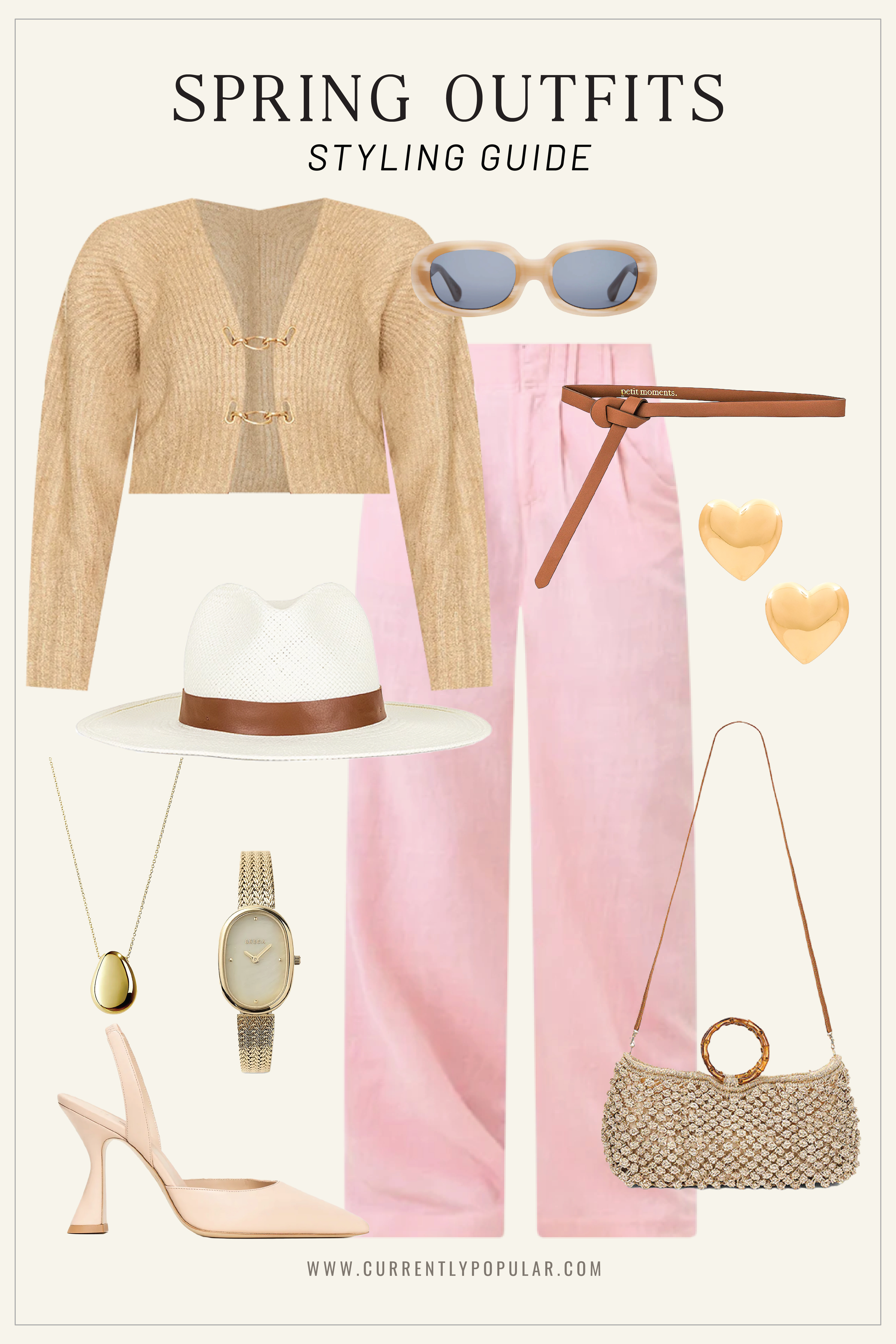 Casual Spring Outfit: Knit Cardigan, Pink Trousers, Nude Heels, White Wide-Brim Hat, Gold Heart Earrings, Brown Leather Belt.