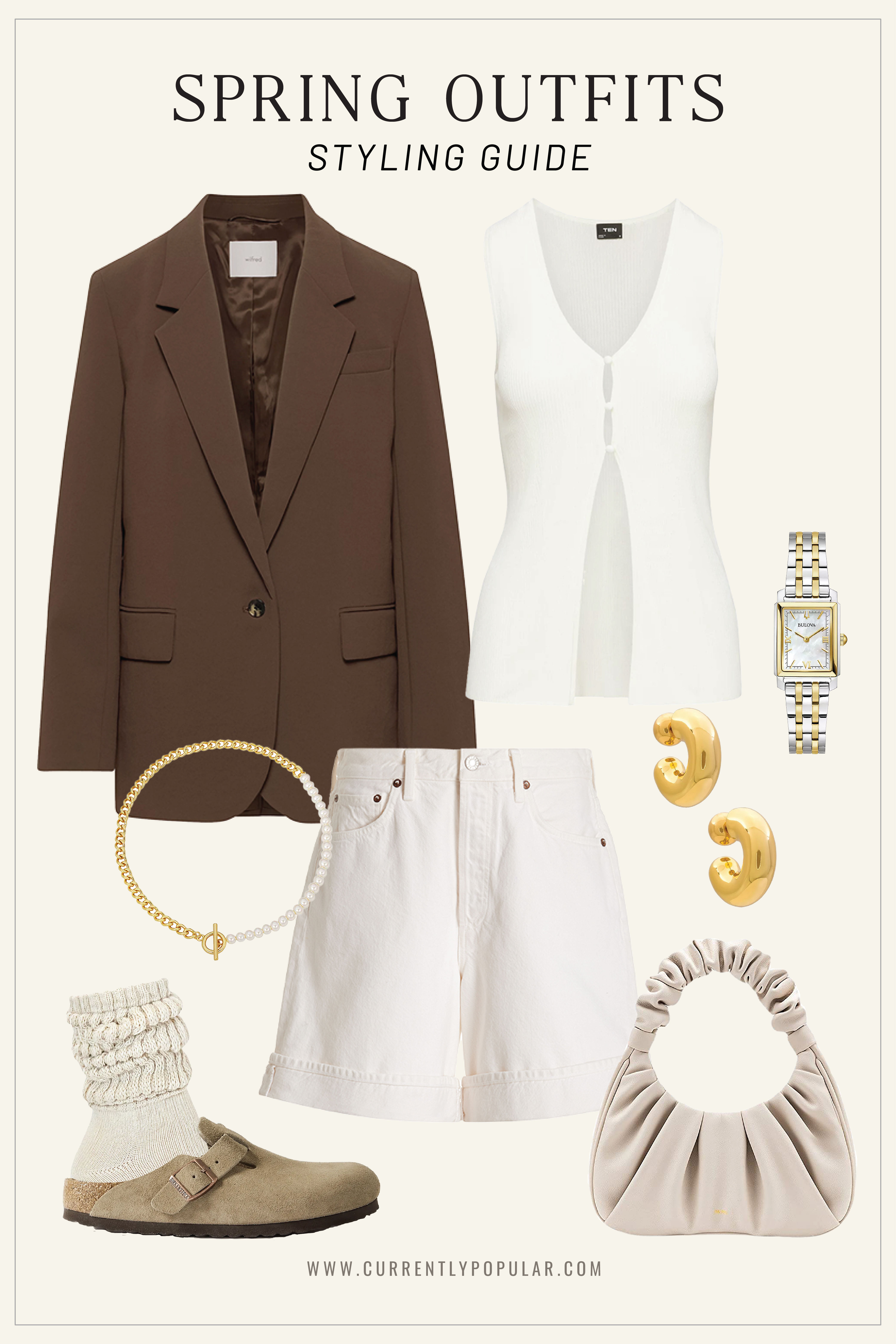 Casual Spring Outfit: Brown Blazer, White Tank, Ivory Shorts, Chunky Gold Jewelry, Birkenstocks Boston Soft Footbed Clog, Slouch Socks.